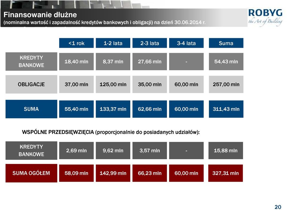 60,00 mln 257,00 mln SUMA 55,40 mln 133,37 mln 62,66 mln 60,00 mln 311,43 mln WSPÓLNE PRZEDSIĘWZIĘCIA (proporcjonalnie do posiadanych