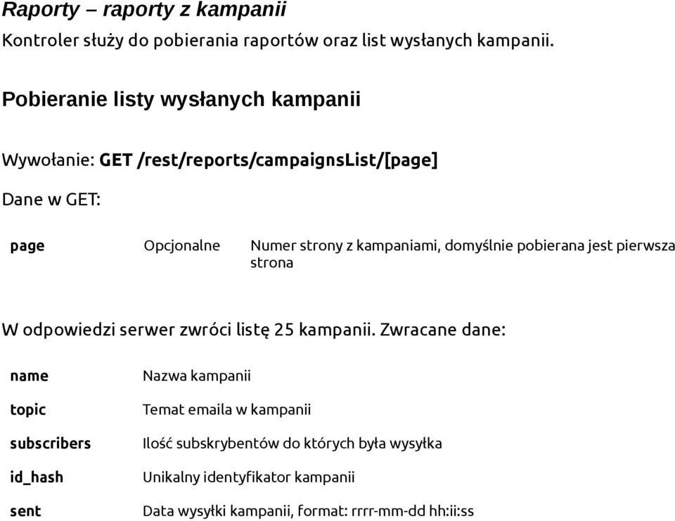 kampaniami, domyślnie pobierana jest pierwsza strona W odpowiedzi serwer zwróci listę 25 kampanii.