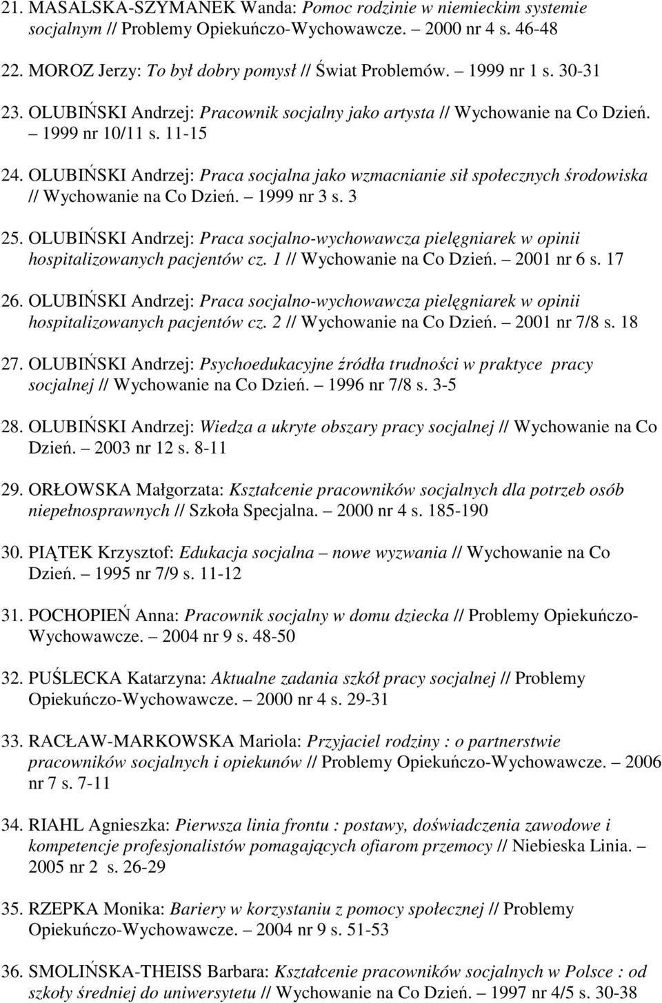 OLUBIŃSKI Andrzej: Praca socjalna jako wzmacnianie sił społecznych środowiska // Wychowanie na Co Dzień. 1999 nr 3 s. 3 25.