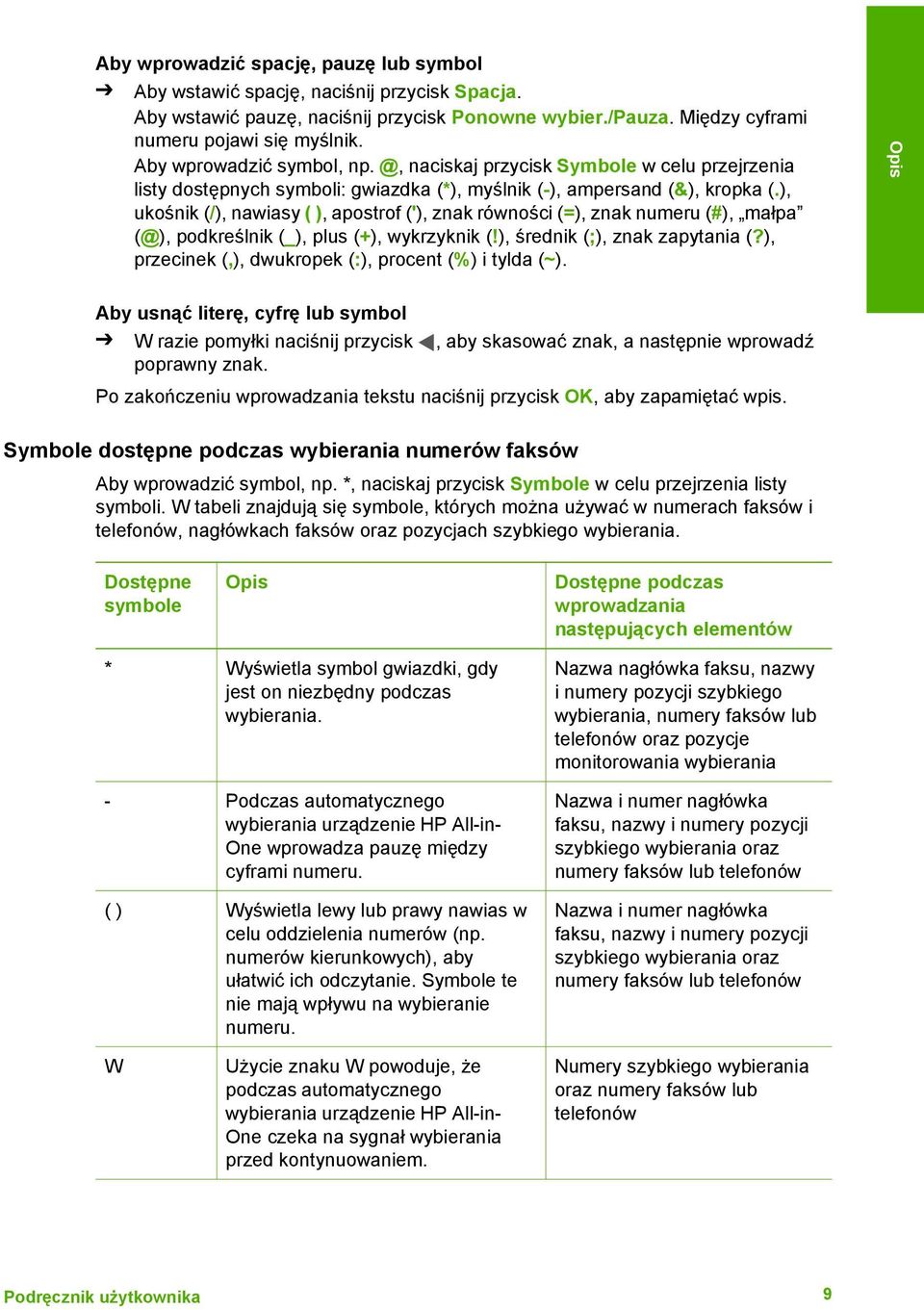 ), ukośnik (/), nawiasy ( ), apostrof ('), znak równości (=), znak numeru (#), małpa (@), podkreślnik (_), plus (+), wykrzyknik (!), średnik (;), znak zapytania (?