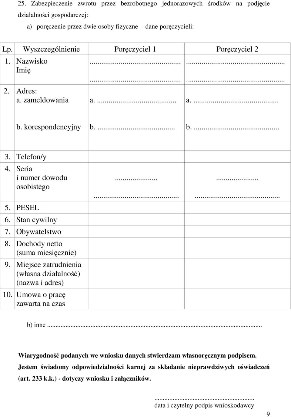 Seria i numer dowodu osobistego 5. PESEL 6. Stan cywilny 7. Obywatelstwo 8. Dochody netto (suma miesięcznie) 9. Miejsce zatrudnienia (własna działalność) (nazwa i adres) 10.