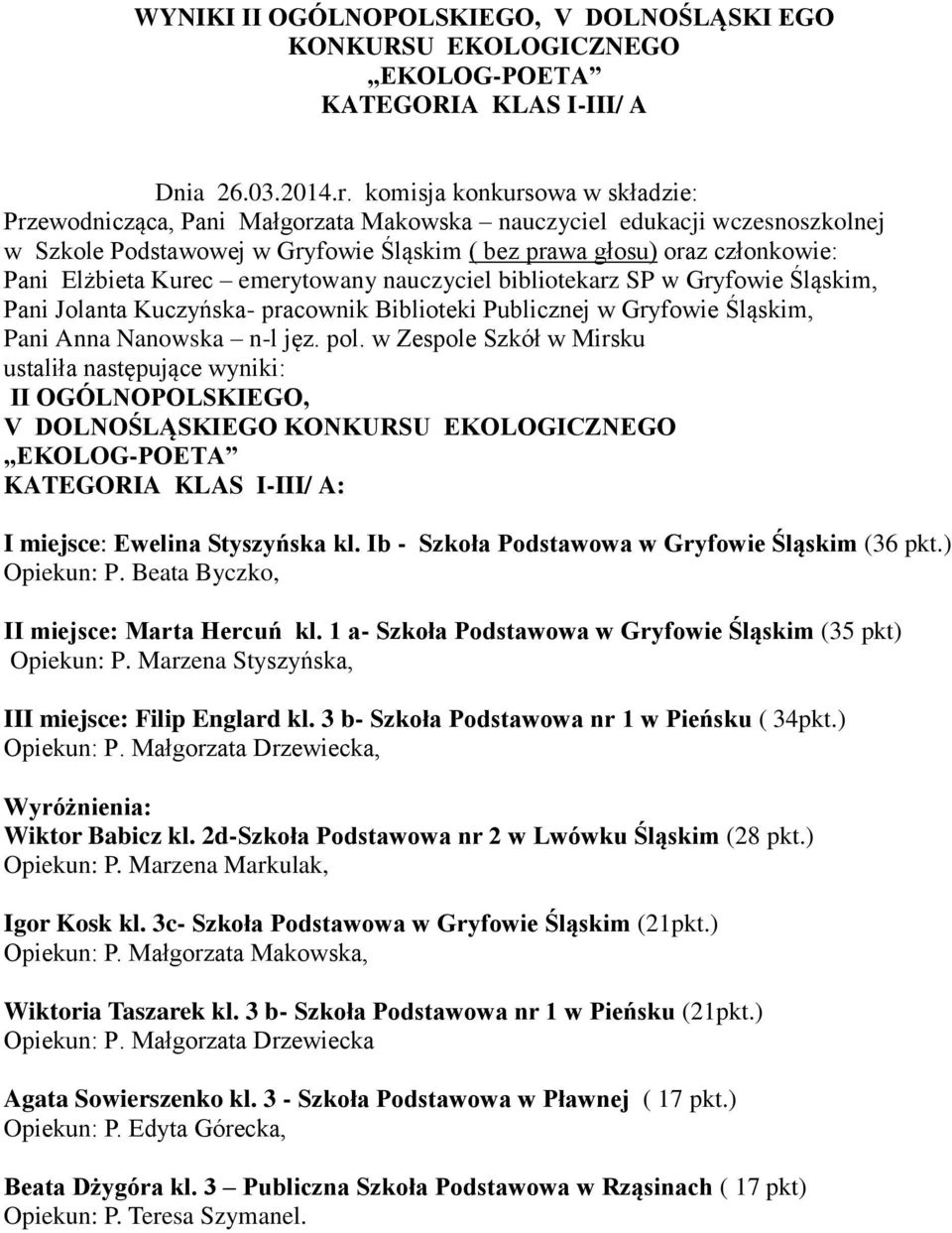 Kurec emerytowany nauczyciel bibliotekarz SP w Gryfowie Śląskim, Pani Jolanta Kuczyńska- pracownik Biblioteki Publicznej w Gryfowie Śląskim, Pani Anna Nanowska n-l jęz. pol.