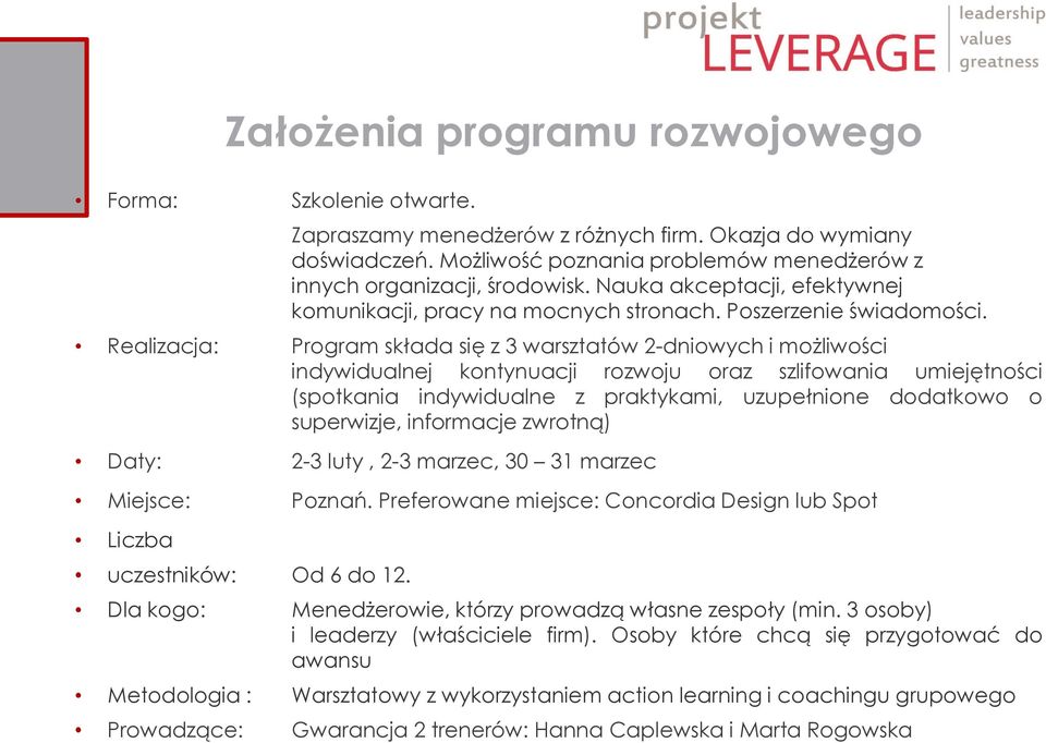 Realizacja: Program składa się z 3 warsztatów 2-dniowych i możliwości indywidualnej kontynuacji rozwoju oraz szlifowania umiejętności (spotkania indywidualne z praktykami, uzupełnione dodatkowo o