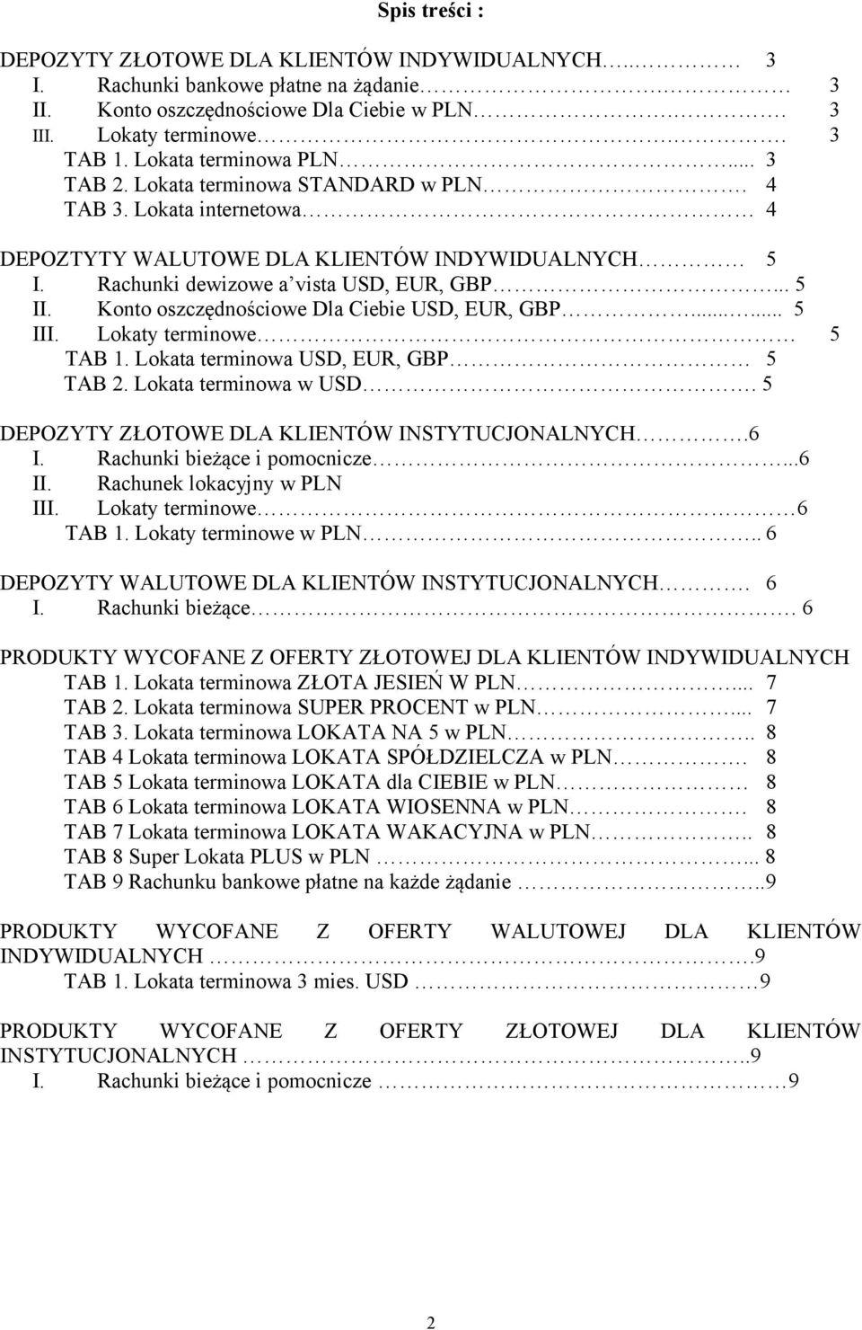 Konto oszczędnościowe Dla Ciebie USD, EUR, GBP...... 5 III. Lokaty terminowe 5 TAB 1. Lokata terminowa USD, EUR, GBP 5 TAB 2. Lokata terminowa w USD. 5 DEPOZYTY ZŁOTOWE DLA KLIENTÓW INSTYTUCJONALNYCH.