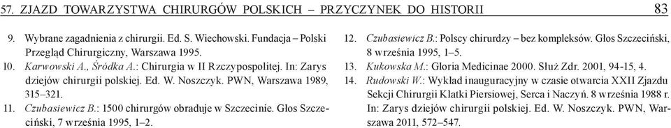 Głos Szczeciński, 7 września 1995, 1 2. 12. Czubasiewicz B. : Polscy chirurdzy bez kompleksów. Głos Szczeciński, 8 września 1995, 1 5. 13. Kukowska M. : Gloria Medicinae 2000. Służ Zdr.
