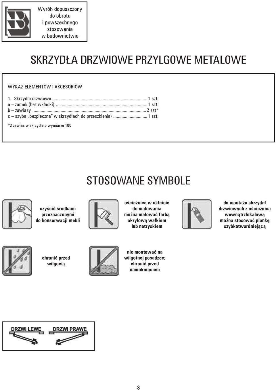 b zawiasy... 2 szt* c szyba bezpieczna w skrzydłach do przeszklenia)... 1 szt.