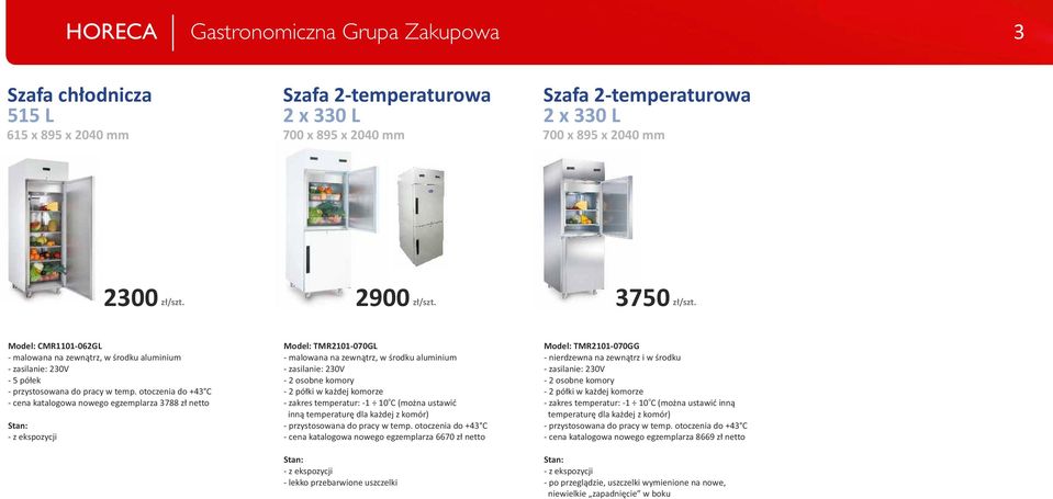 otoczenia do +43 C - cena katalogowa nowego egzemplarza 3788 zł netto Model: TMR2101-070GL - malowana na zewnątrz, w środku aluminium - zasilanie: 230V - 2 osobne komory - 2 półki w każdej komorze o