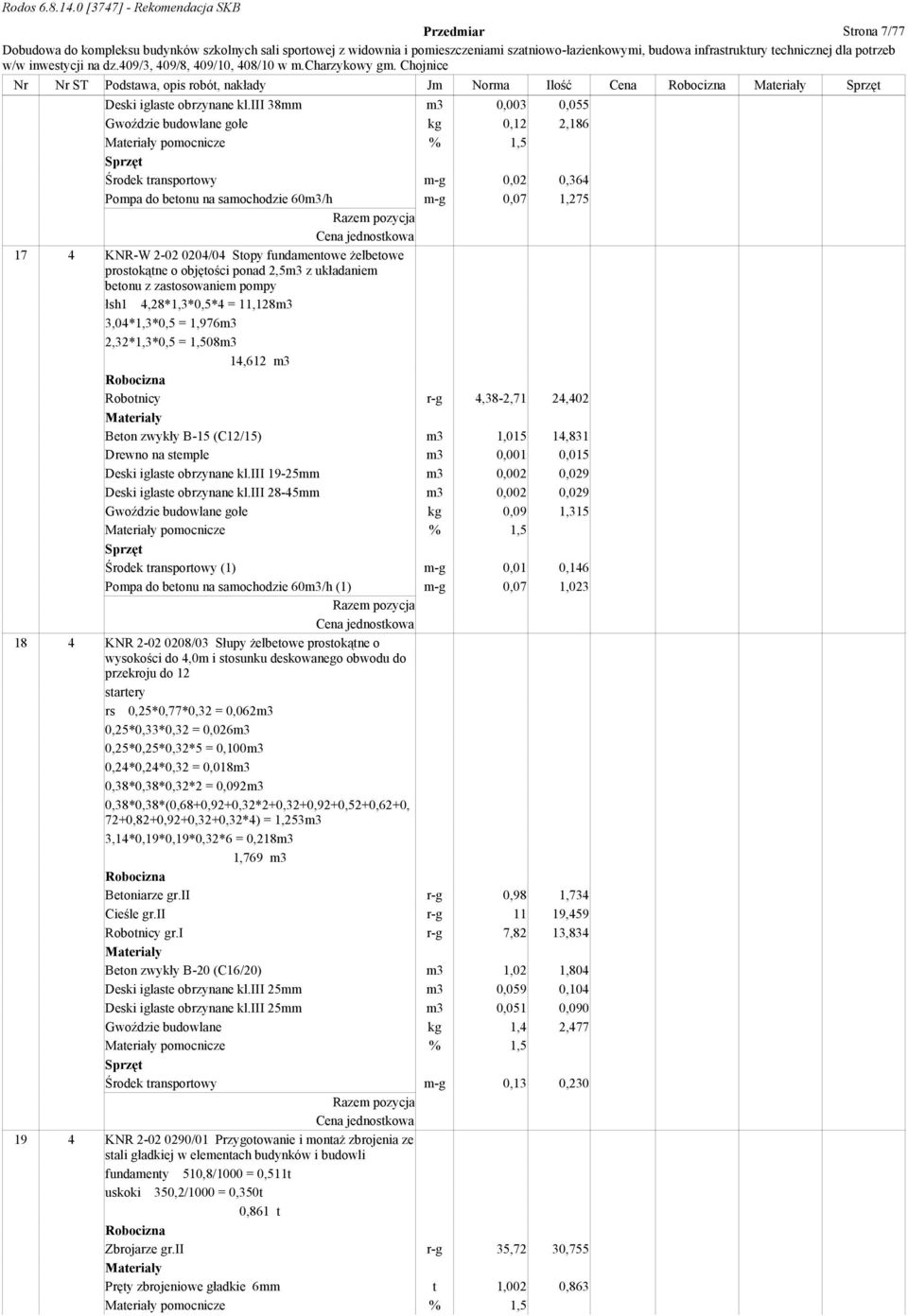 fundamentowe żelbetowe prostokątne o objętości ponad 2,5m3 z układaniem betonu z zastosowaniem pompy łsh1 4,28*1,3*0,5*4 = 11,128m3 3,04*1,3*0,5 = 1,976m3 2,32*1,3*0,5 = 1,508m3 14,612 m3 Robotnicy