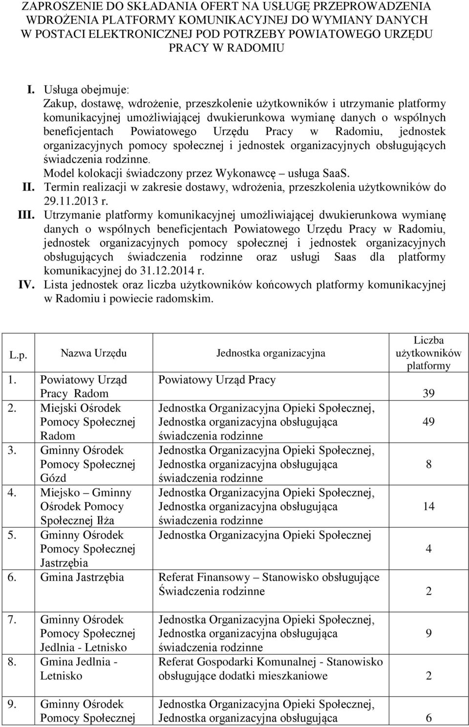 Pracy w Radomiu, jednostek organizacyjnych pomocy społecznej i jednostek organizacyjnych obsługujących. Model kolokacji świadczony przez Wykonawcę usługa SaaS. II.