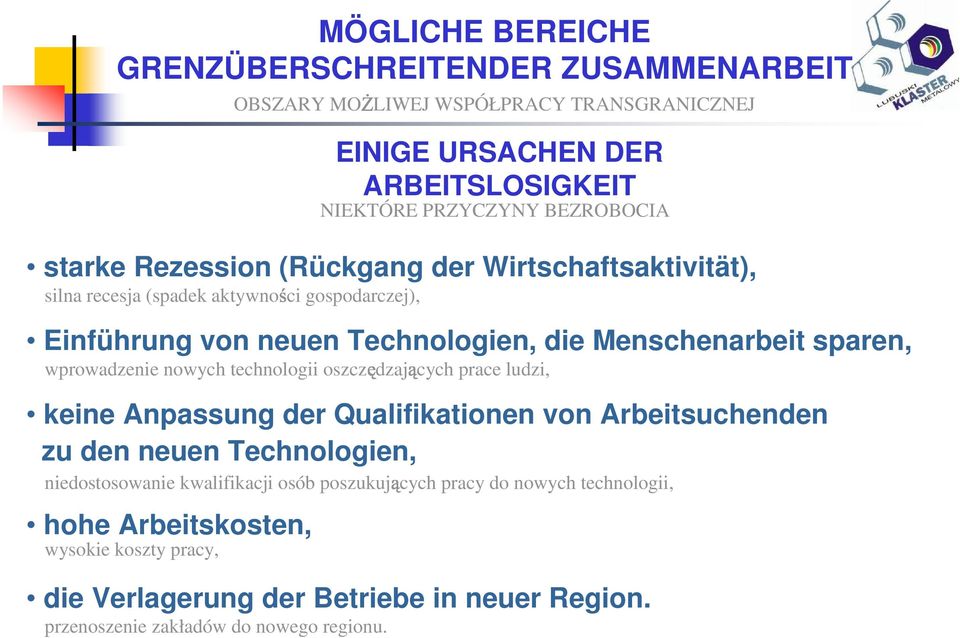 oszcz dzaj keine Anpassung der Qualifikationen von Arbeitsuchenden zu den neuen Technologien, niedostosowanie kwalifikacji osób poszukuj hohe Arbeitskosten, wysokie