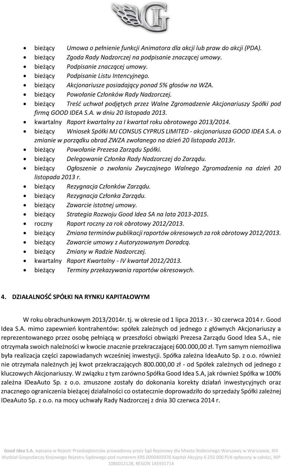 bieżący Treść uchwał podjętych przez Walne Zgromadzenie Akcjonariuszy Spółki pod firmą GOOD IDEA S.A. w dniu 20 listopada 2013. kwartalny Raport kwartalny za I kwartał roku obrotowego 2013/2014.