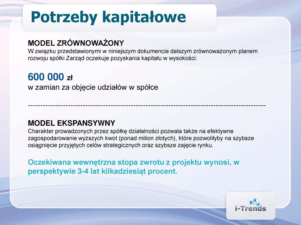 EKSPANSYWNY Charakter prowadzonych przez spółkę działalności pozwala także na efektywne zagospodarowanie wyższych kwot (ponad milion złotych), które pozwoliłyby na