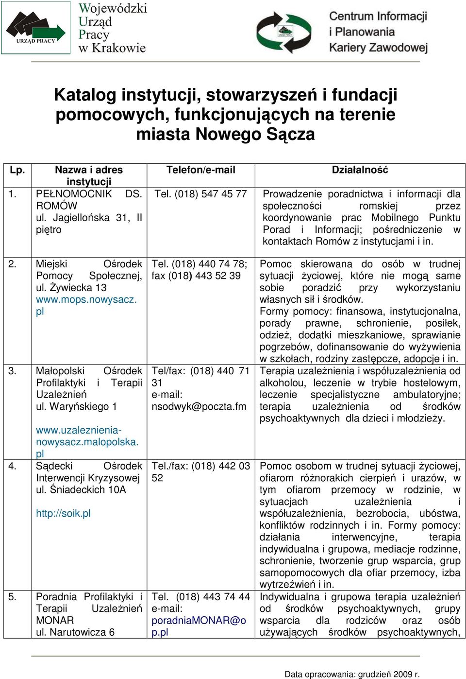 Sądecki Ośrodek Interwencji Kryzysowej ul. Śniadeckich 10A http://soik. 5. Poradnia Profilaktyki i Terapii UzaleŜnień MONAR ul. Narutowicza 6 Telefon/e-mail Tel. (018) 547 45 77 Tel.