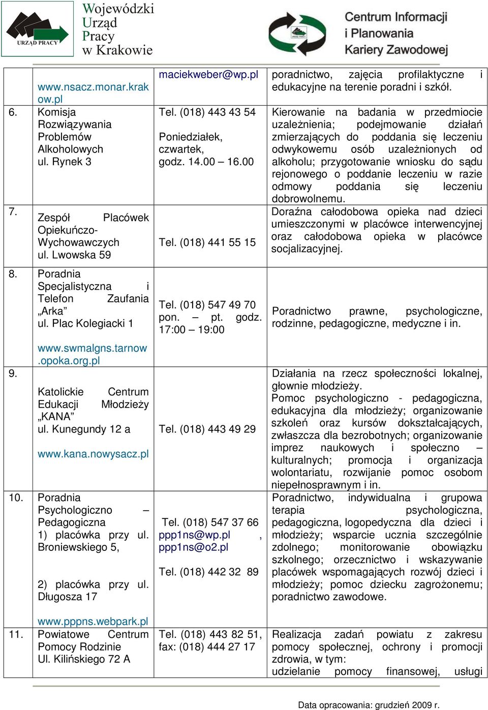 Broniewskiego 5, 2) acówka przy ul. Długosza 17 maciekweber@wp. poradnictwo, zajęcia profilaktyczne i edukacyjne na terenie poradni i szkół. Tel. (018) 443 43 54 Poniedziałek, czwartek, godz. 14.