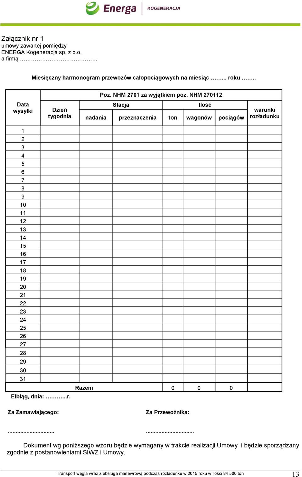 NHM 270112 Data wysyłki Dzień tygodnia Stacja Ilość nadania przeznaczenia ton wagonów pociągów warunki rozładunku 1 2 3 4 5 6 7 8 9 10 11 12 13