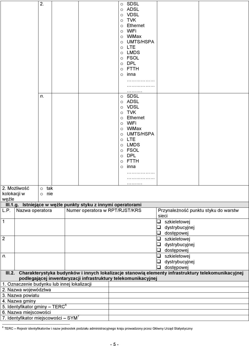 o LTE o LMDS o FSOL o DPL o FTTH. o tak o nie III.1.g. Istniejące w węźle punkty styku z innymi operatorami L.P. Nazwa operatora Numer operatora w RPT/RJST/KRS Przynależność punktu styku do warstw 1 szkieletowej dostępowej 2 szkieletowej dostępowej n.