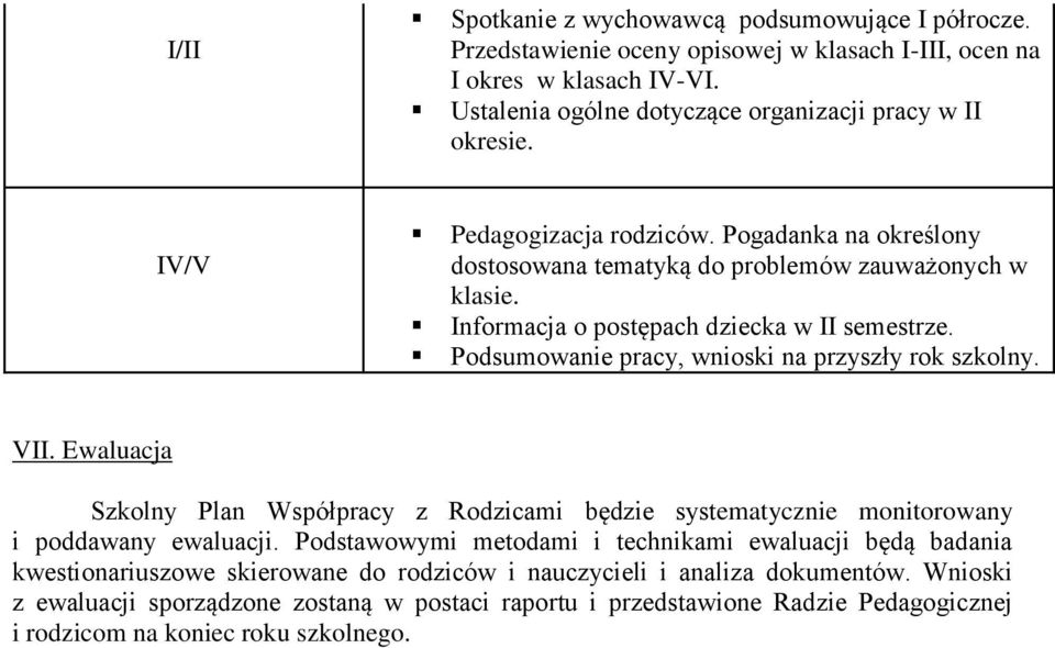 Podsumowanie pracy, wnioski na przyszły rok szkolny. VII. Ewaluacja Szkolny Plan Współpracy z Rodzicami będzie systematycznie monitorowany i poddawany ewaluacji.