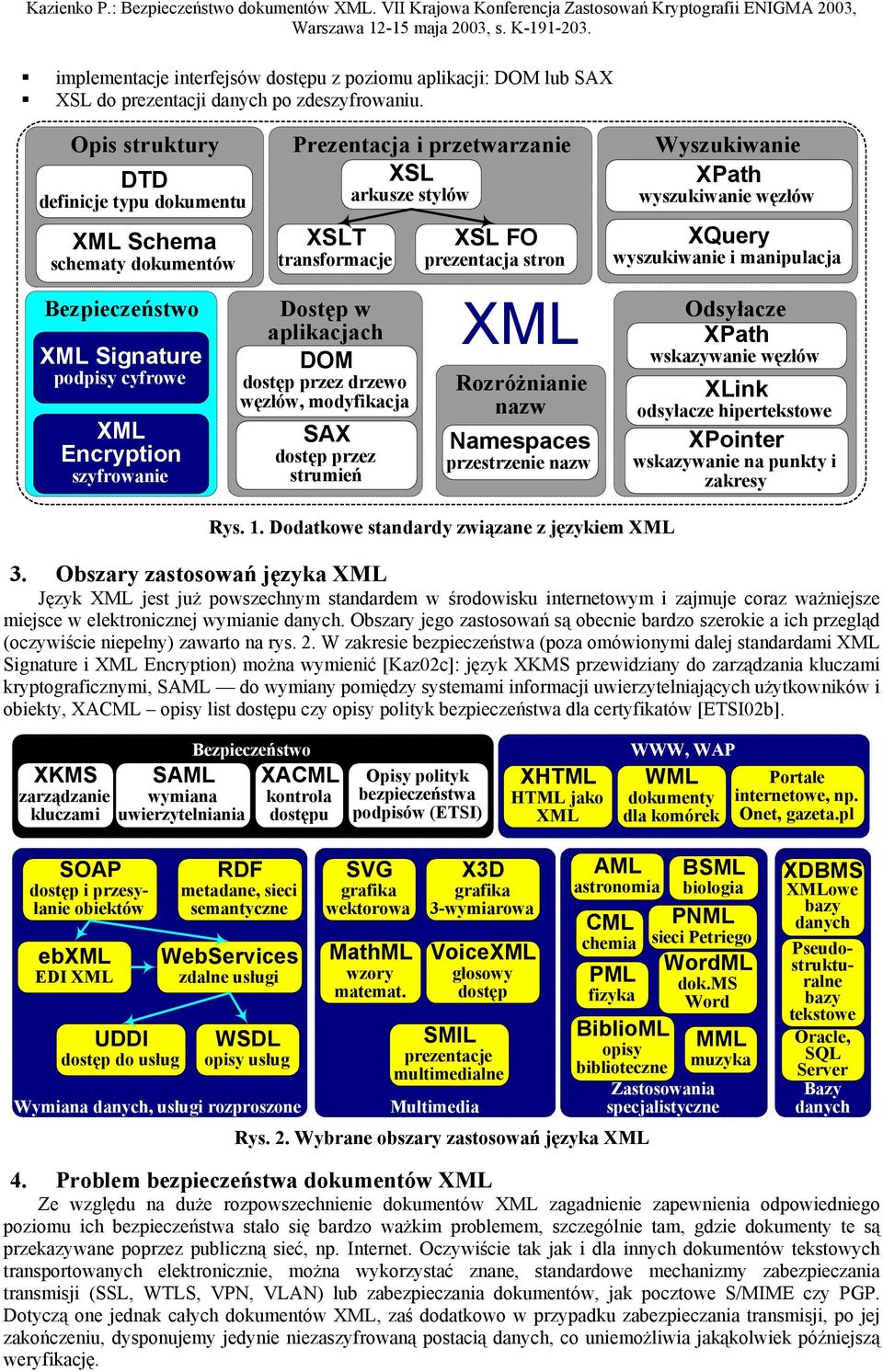 transformacje Dostęp w aplikacjach DOM dostęp przez drzewo węzłów, modyfikacja SAX dostęp przez strumień XSL FO prezentacja stron XML Rozróżnianie nazw Namespaces przestrzenie nazw Wyszukiwanie XPath