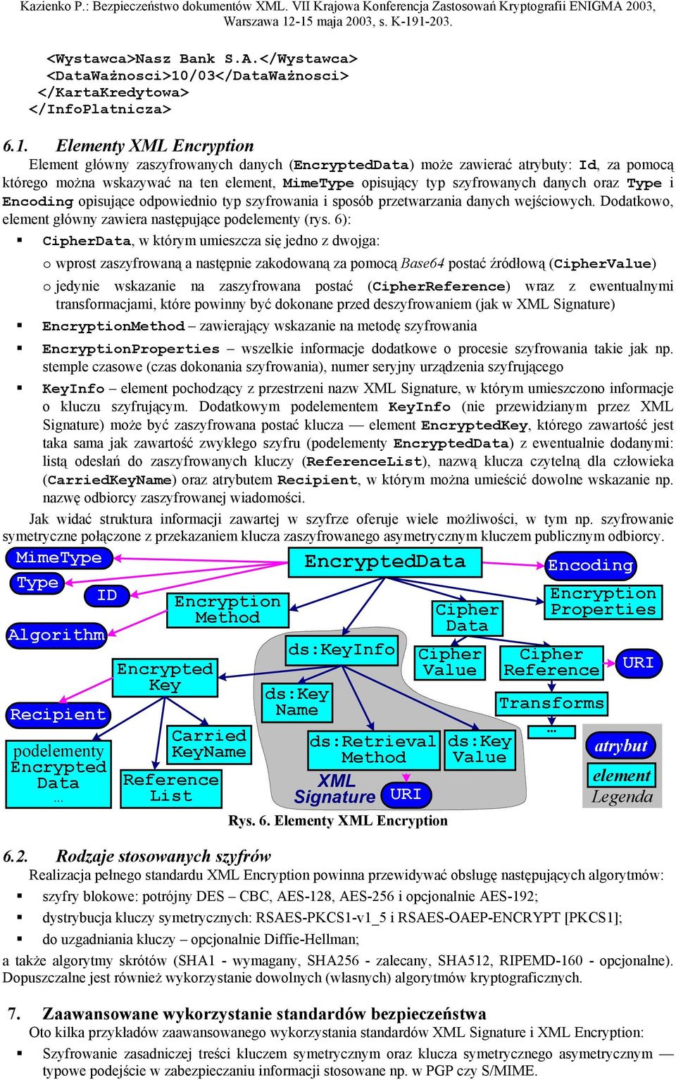 Elementy XML Encryption Element główny zaszyfrowanych danych (EncryptedData) może zawierać atrybuty: Id, za pomocą którego można wskazywać na ten element, MimeType opisujący typ szyfrowanych danych