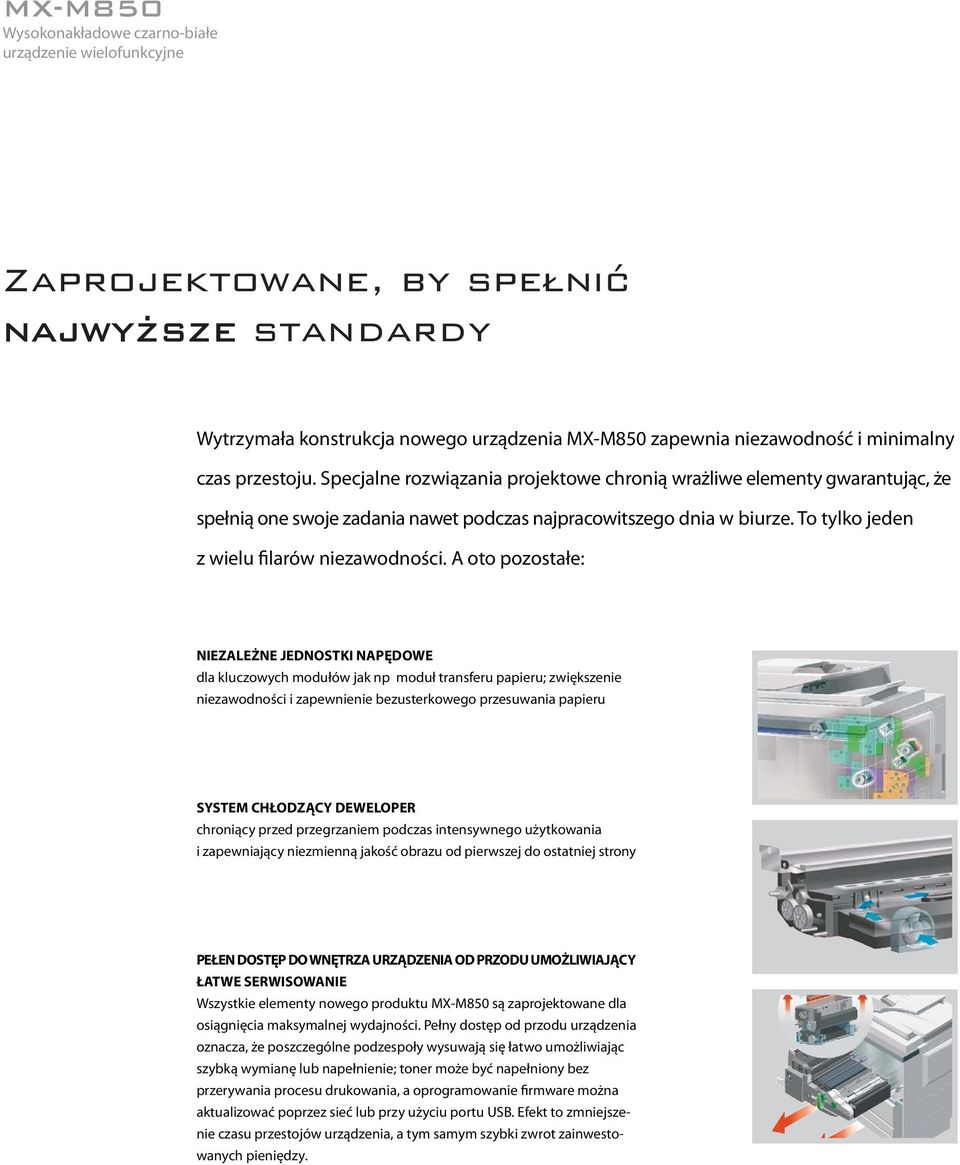 A oto pozostałe: NIEZALEŻNE JEDNOSTKI NAPĘDOWE dla kluczowych modułów jak np moduł transferu papieru; zwiększenie niezawodności i zapewnienie bezusterkowego przesuwania papieru SYSTEM CHŁODZĄCY