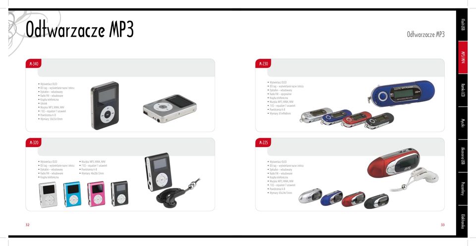 Powtórzenia A-B Wymiary: 46x28x12mm M-230 M-225 Wyświetlacz OLED ID3 tag wyświetlanie nazw i tekstu Dyktafon wbudowany Radio FM opcjonalnie Książka telefoniczna Muzyka: MP3, WMA, WAV 7 EQ equalizer 7