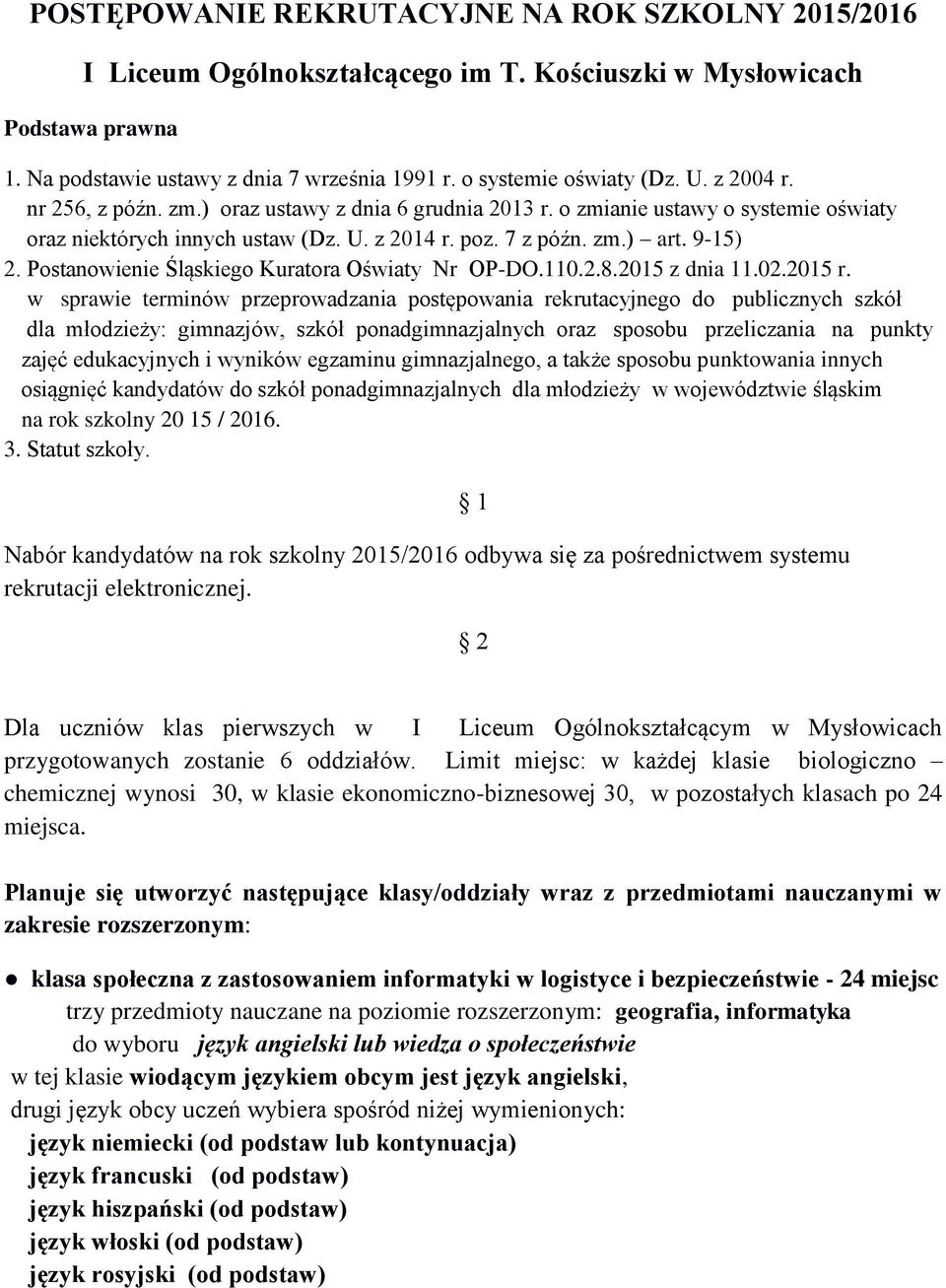 Postanowienie Śląskiego Kuratora Oświaty Nr OP-DO.110.2.8.2015 z dnia 11.02.2015 r.