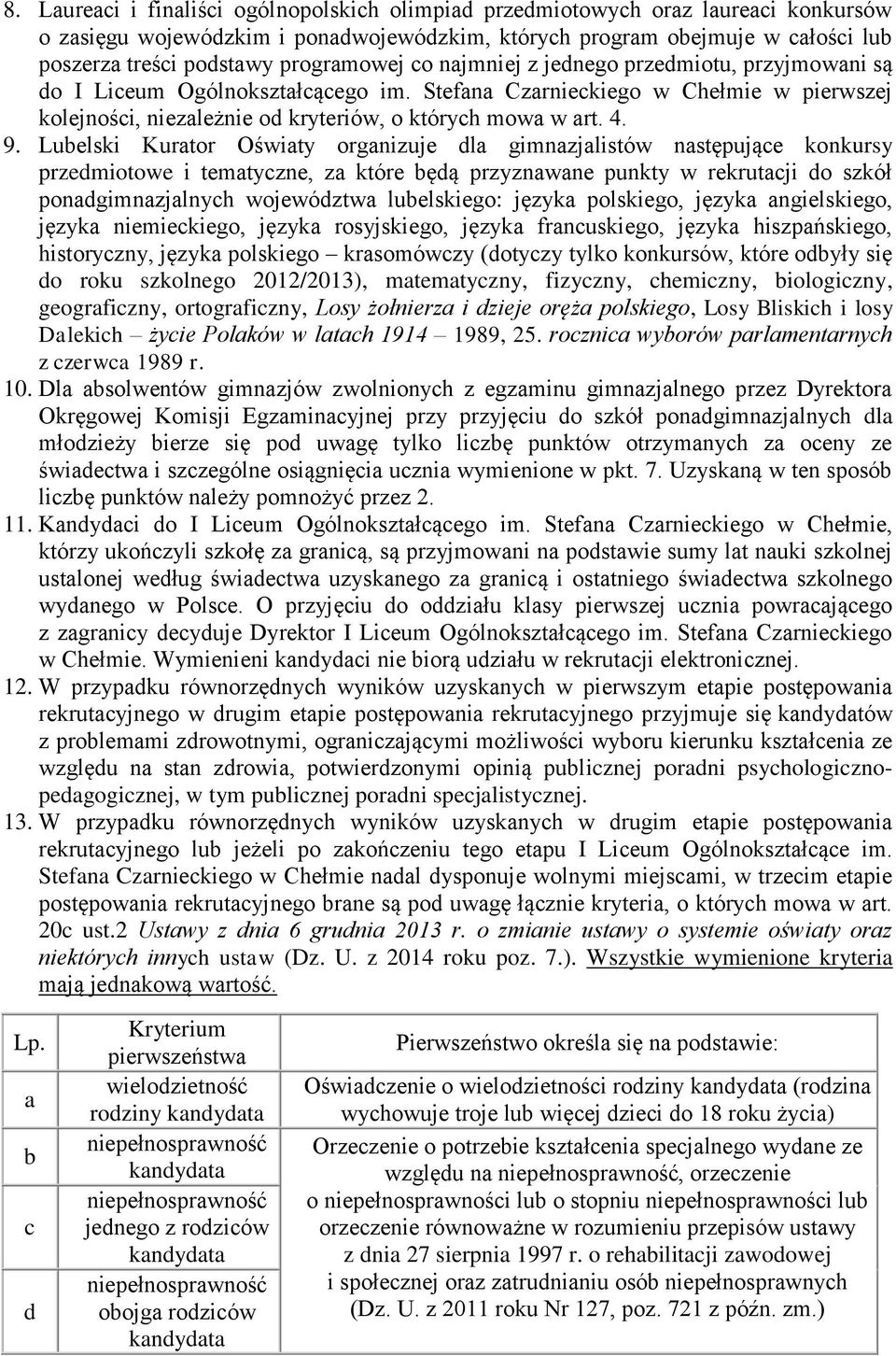 4. 9. Lubelski Kurator Oświaty organizuje dla gimnazjalistów następujące konkursy przedmiotowe i tematyczne, za które będą przyznawane punkty w rekrutacji do szkół ponadgimnazjalnych województwa