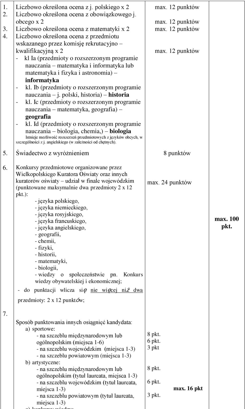 nauczania matematyka i informatyka lub matematyka i fizyka i astronomia) informatyka - kl. Ib (przedmioty o rozszerzonym programie nauczania j. polski, historia) historia - kl.