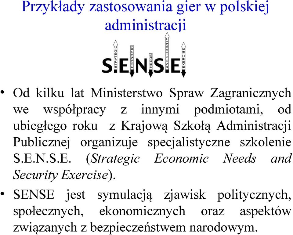 specjalistyczne szkolenie S.E.N.S.E. (Strategic Economic Needs and Security Exercise).