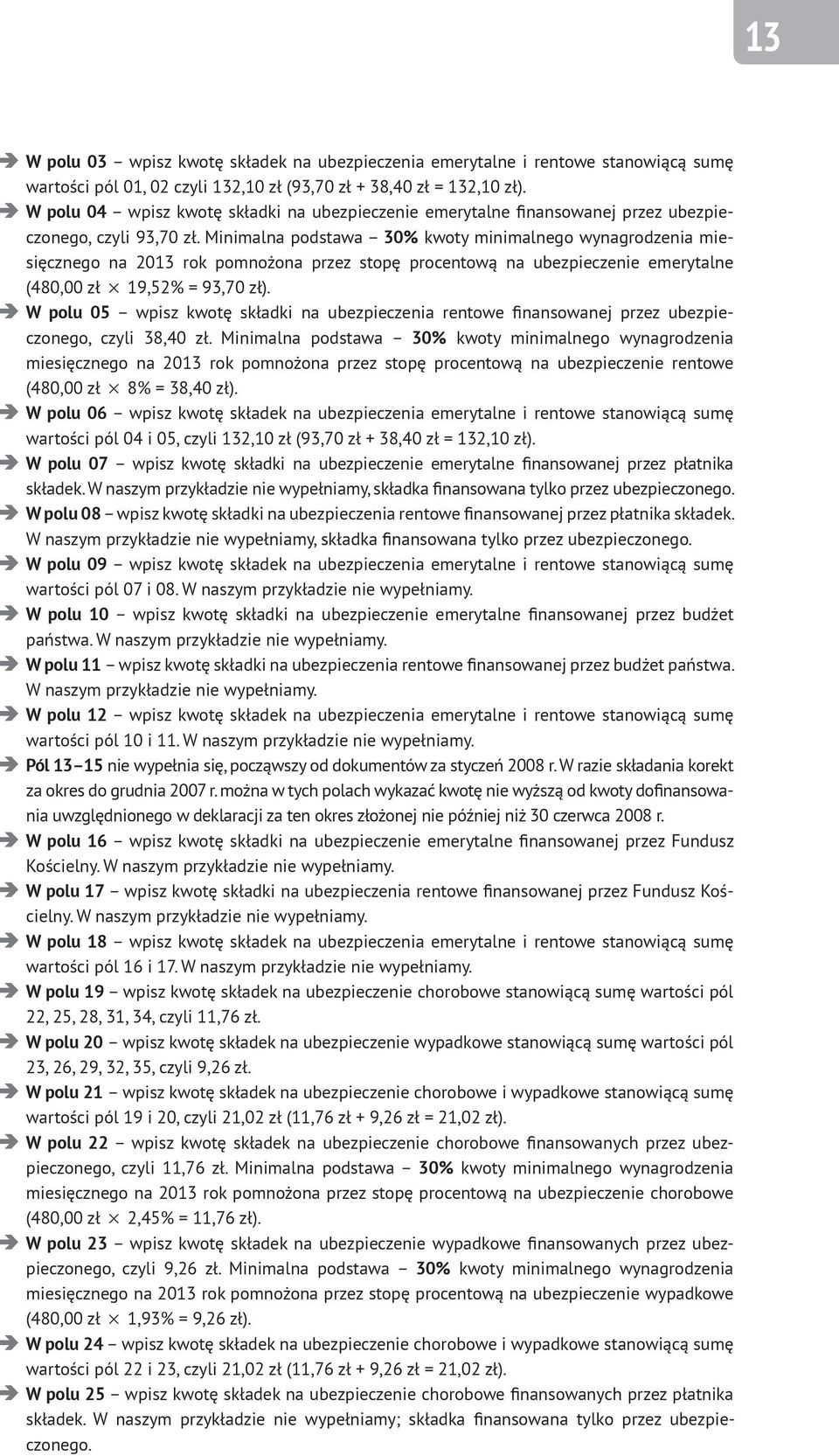 Minimalna podstawa 30% kwoty minimalnego wynagrodzenia miesięcznego na 2013 rok pomnożona przez stopę procentową na ubezpieczenie emerytalne (480,00 zł 2 19,52% = 93,70 zł).