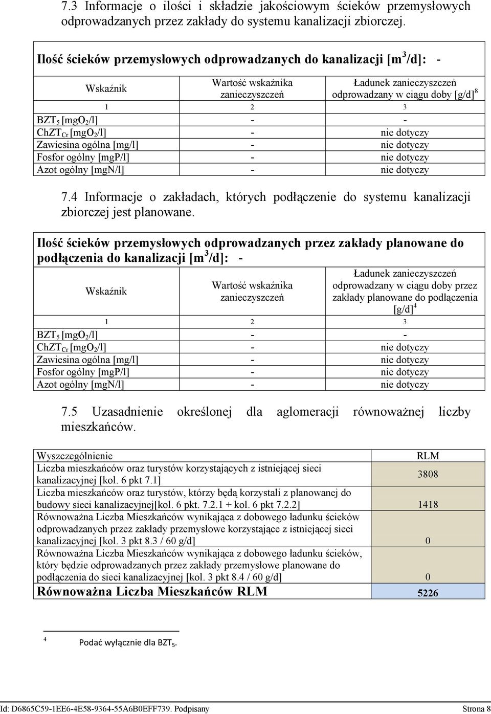 ChZT Cr [mgo 2 /l] - nie dotyczy Zawiesina ogólna [mg/l] - nie dotyczy Fosfor ogólny [mgp/l] - nie dotyczy Azot ogólny [mgn/l] - nie dotyczy 7.