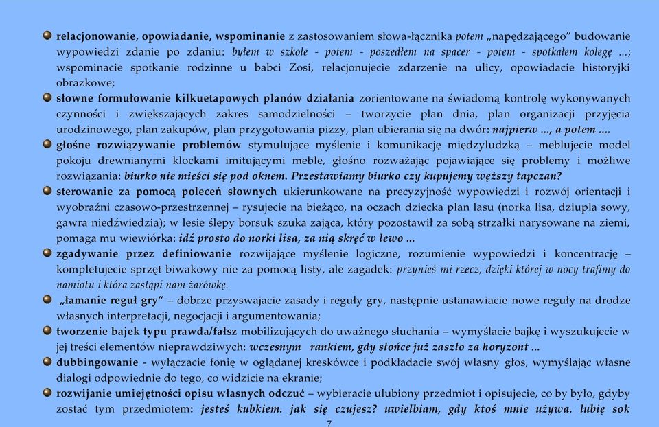 ..; wspominacie spotkanie rodzinne u babci Zosi, relacjonujecie zdarzenie na ulicy, opowiadacie historyjki obrazkowe; słowne formułowanie kilkuetapowych planów działania zorientowane na świadomą