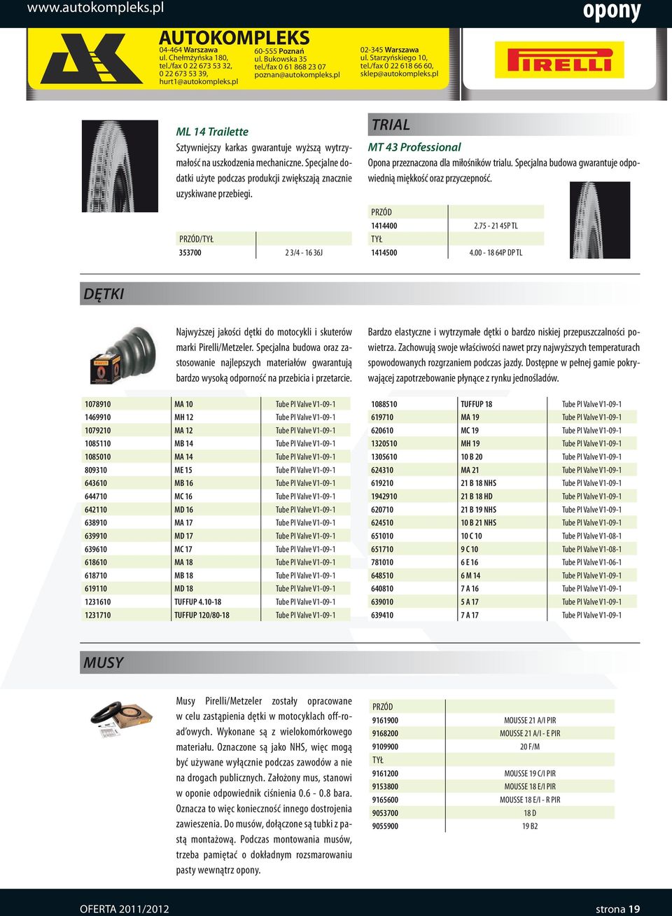Specjalna budowa gwarantuje odpowiednią miękkość oraz przyczepność. 1414400 2.75-21 45P TL 1414500 4.00-18 64P DP TL DĘTKI Najwyższej jakości dętki do motocykli i skuterów marki Pirelli/Metzeler.
