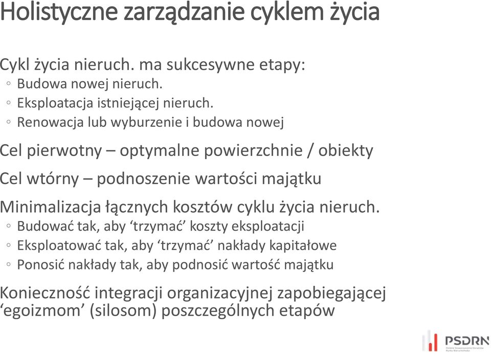 Minimalizacja łącznych kosztów cyklu życia nieruch.