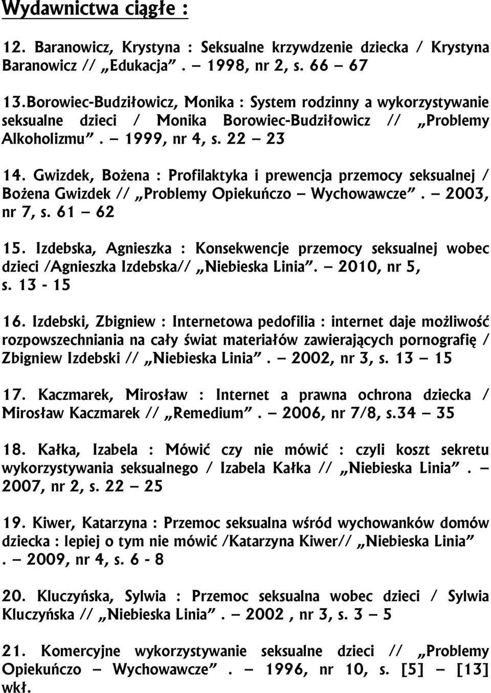 Gwizdek, Bożena : Profilaktyka i prewencja przemocy seksualnej / Bożena Gwizdek // Problemy Opiekuńczo Wychowawcze. 2003, nr 7, s. 61 62 15.