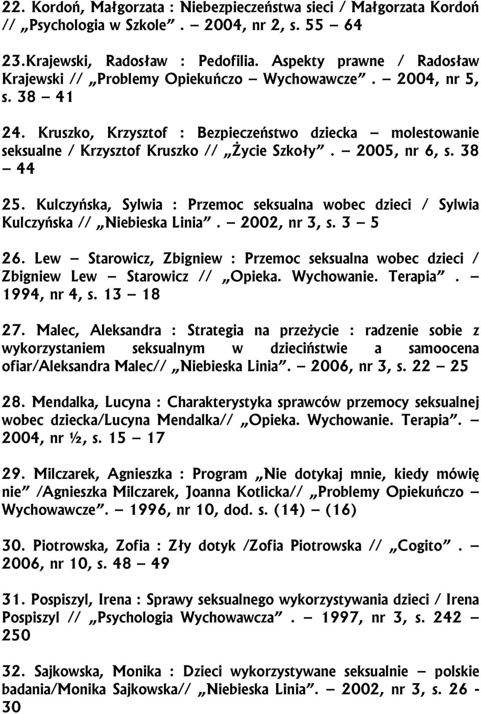 2005, nr 6, s. 38 44 25. Kulczyńska, Sylwia : Przemoc seksualna wobec dzieci / Sylwia Kulczyńska // Niebieska Linia. 2002, nr 3, s. 3 5 26.