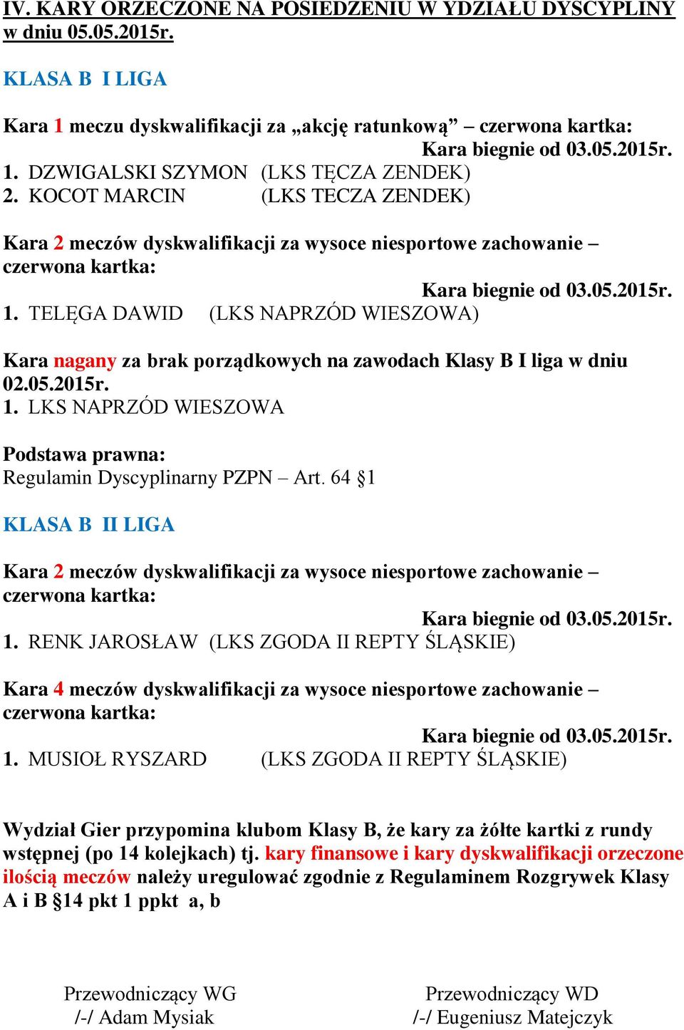 TELĘGA DAWID (LKS NAPRZÓD WIESZOWA) Kara nagany za brak porządkowych na zawodach Klasy B I liga w dniu 02.05.2015r. 1. LKS NAPRZÓD WIESZOWA Podstawa prawna: Regulamin Dyscyplinarny PZPN Art.