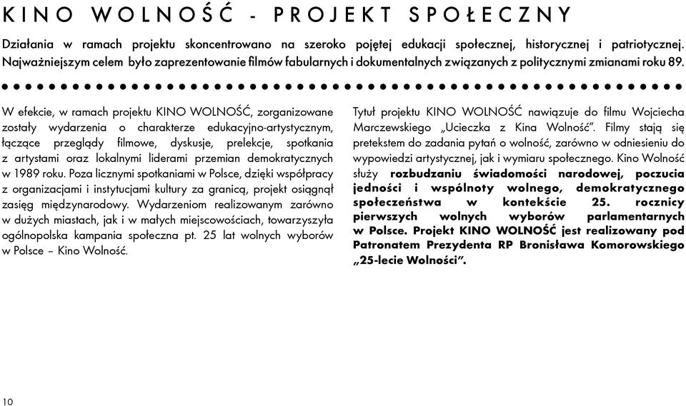 W efekcie, w ramach projektu KINO WOLNOŚĆ, zorganizowane zostały wydarzenia o charakterze edukacyjno-artystycznym, łączące przeglądy filmowe, dyskusje, prelekcje, spotkania z artystami oraz lokalnymi