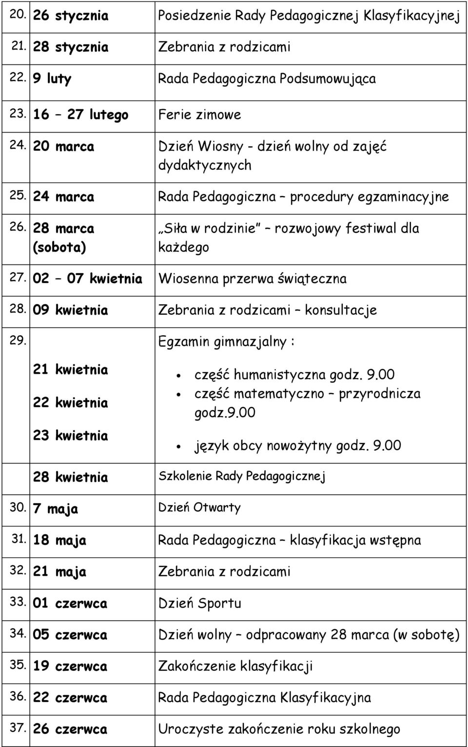 02 07 kwietnia Wiosenna przerwa świąteczna 28. 09 kwietnia Zebrania z rodzicami konsultacje 29. Egzamin gimnazjalny : 21 kwietnia 22 kwietnia 23 kwietnia część humanistyczna godz. 9.