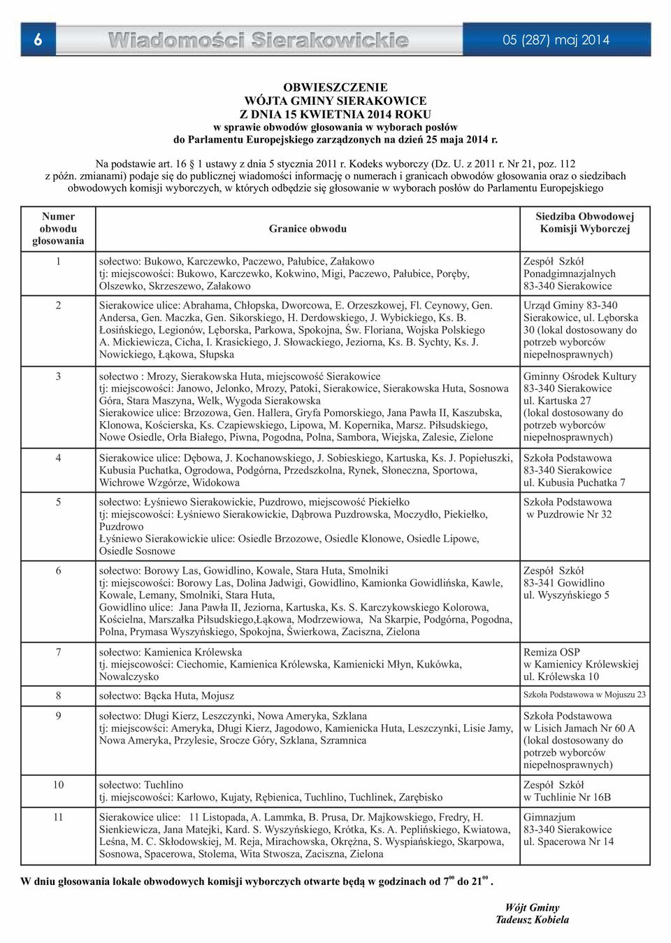 zmianami) podaje się do publicznej wiadomości informację o numerach i granicach obwodów głosowania oraz o siedzibach obwodowych komisji wyborczych, w których odbędzie się głosowanie w wyborach posłów