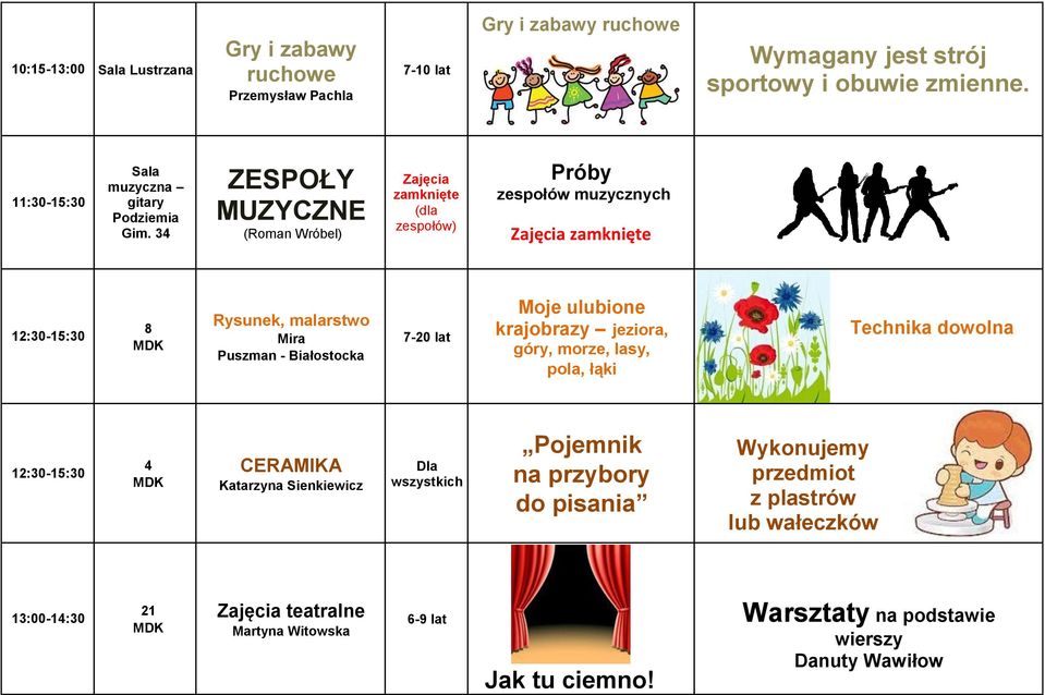 3 ZESPOŁY MUZYCZNE (Roman Wróbel) zamknięte (dla zespołów) Próby zespołów muzycznych zamknięte 12:30-15:30 8 Rysunek, malarstwo Mira Puszman - Białostocka 7-20