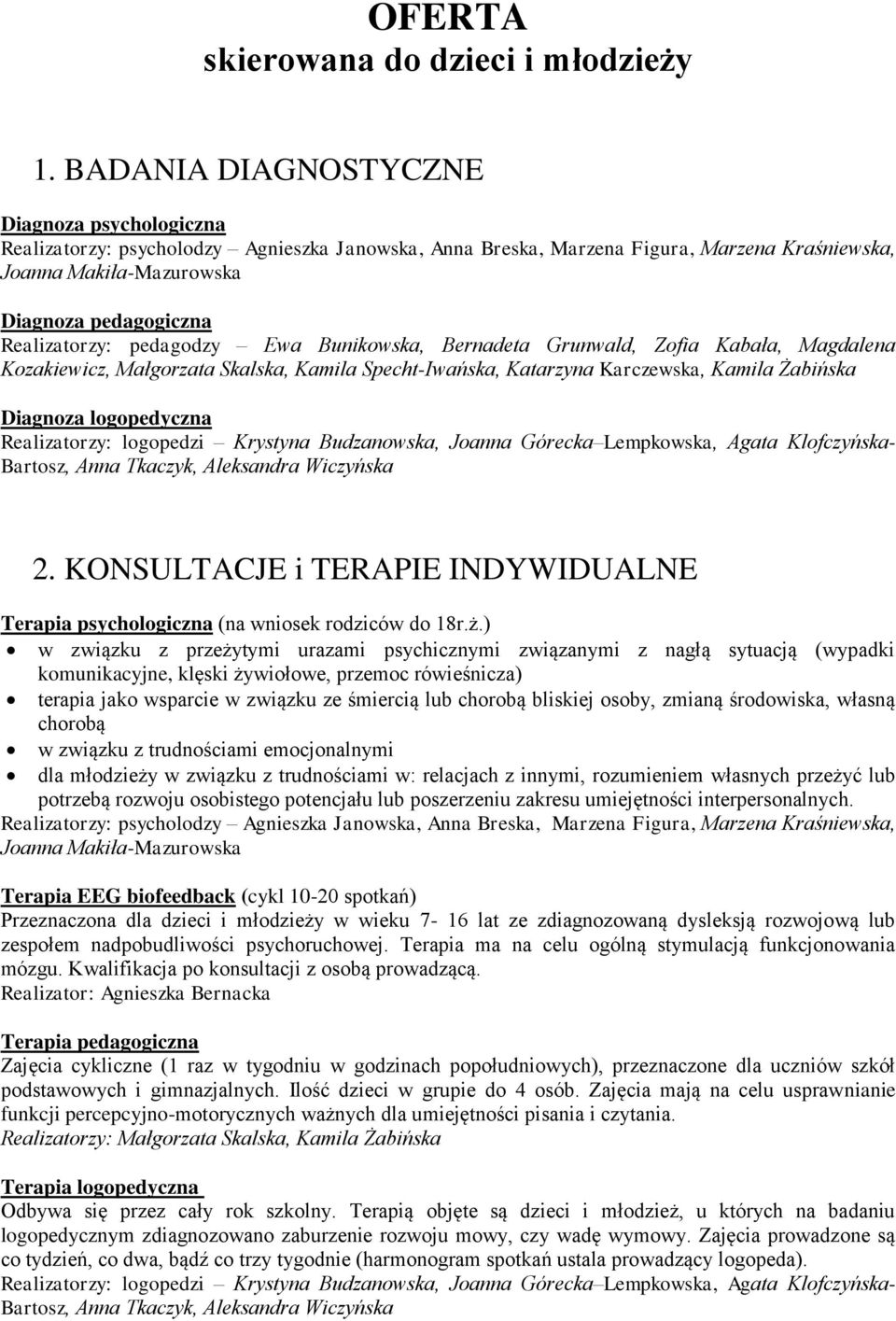 Realizatorzy: pedagodzy Ewa Bunikowska, Bernadeta Grunwald, Zofia Kabała, Magdalena Kozakiewicz, Małgorzata Skalska, Kamila Specht-Iwańska, Katarzyna Karczewska, Kamila Żabińska Diagnoza logopedyczna