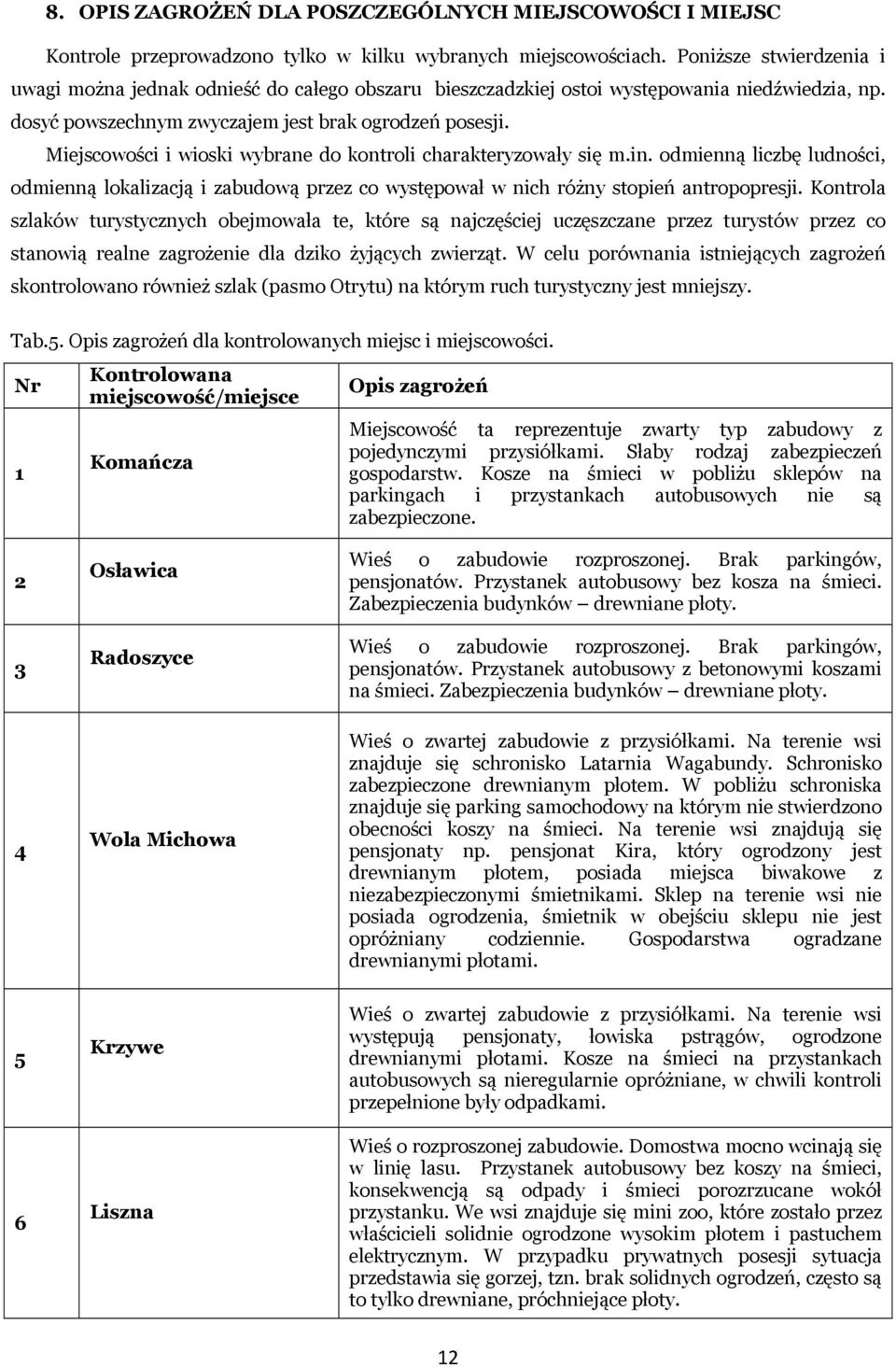 Miejscowości i wioski wybrane do kontroli charakteryzowały się m.in. odmienną liczbę ludności, odmienną lokalizacją i zabudową przez co występował w nich różny stopień antropopresji.