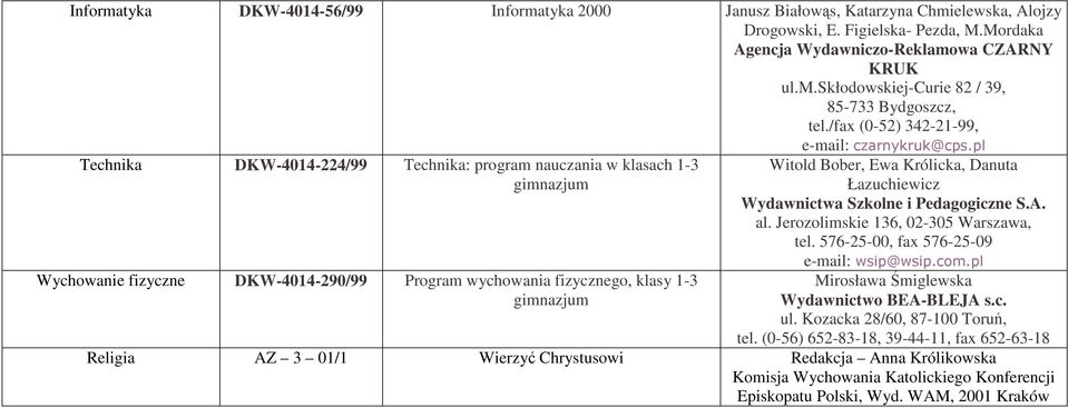 czarnykruk@cps.pl Witold Bober, Ewa Królicka, Danuta Łazuchiewicz Mirosława Śmiglewska Wydawnictwo BEA-BLEJA s.c. ul. Kozacka 28/60, 87-100 Toruń, tel.