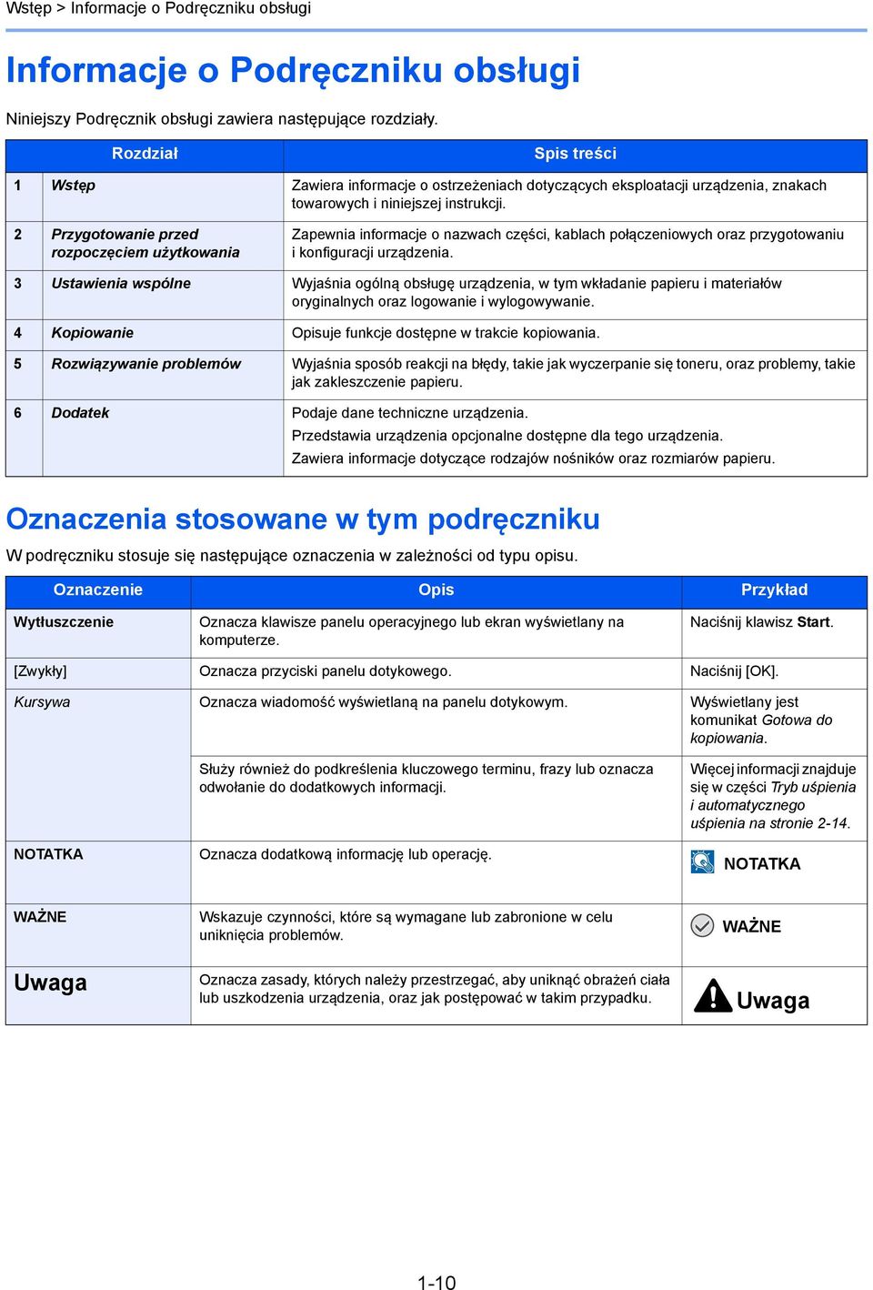 Przygotowanie przed rozpoczęciem użytkowania Zapewnia informacje o nazwach części, kablach połączeniowych oraz przygotowaniu i konfiguracji urządzenia.