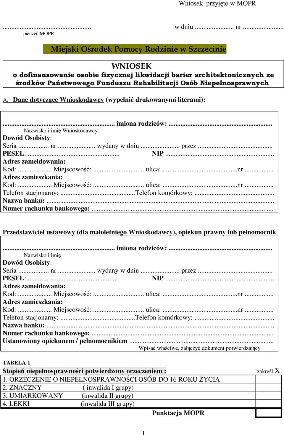 Niepełnosprawnych A. Dane dotyczące Wnioskodawcy (wypełnić drukowanymi literami):... imiona rodziców:... Nazwisko i imię Wnioskodawcy Dowód Osobisty: Seria... nr... wydany w dniu... przez... PESEL:.