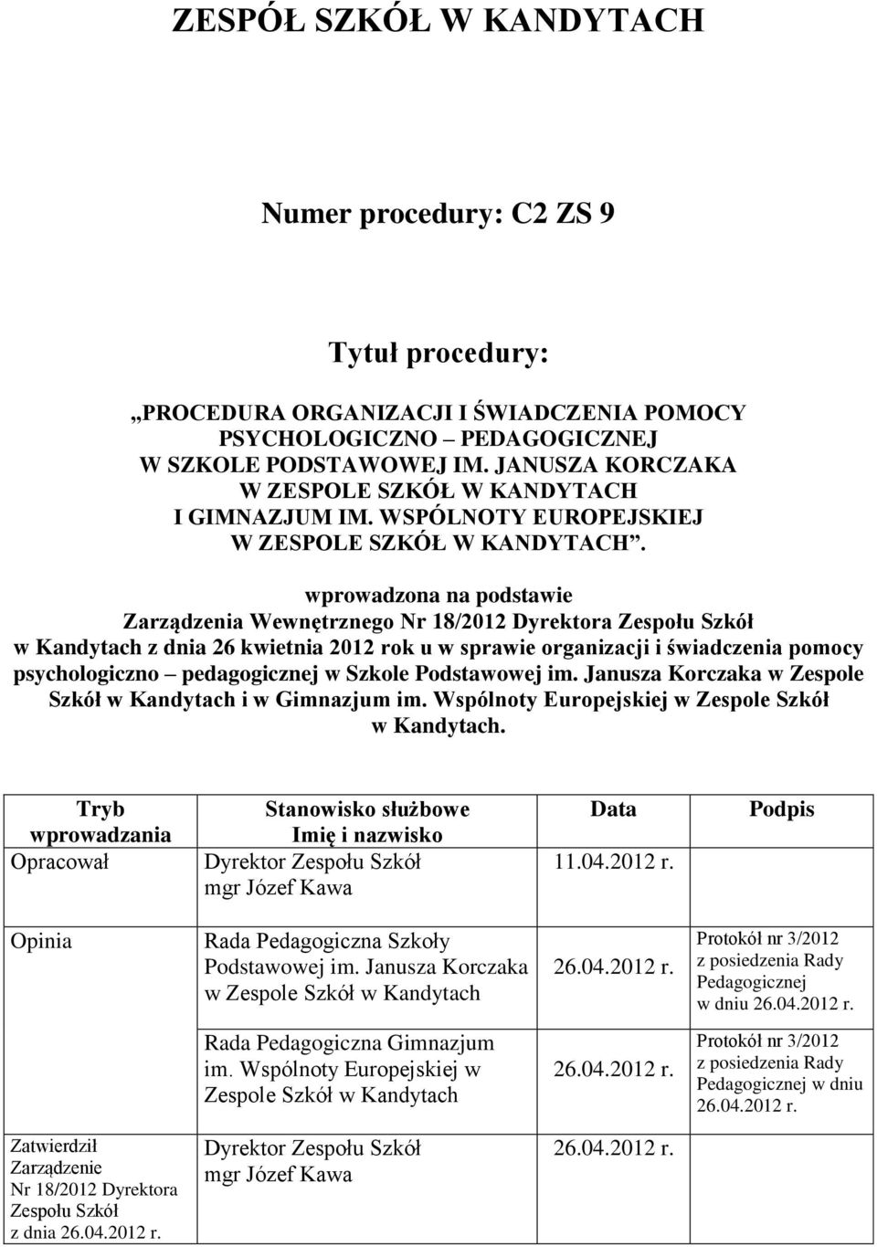 wprowadzona na podstawie Zarządzenia Wewnętrznego Nr 18/2012 Dyrektora Zespołu Szkół w Kandytach z dnia 26 kwietnia 2012 rok u w sprawie organizacji i świadczenia pomocy psychologiczno pedagogicznej