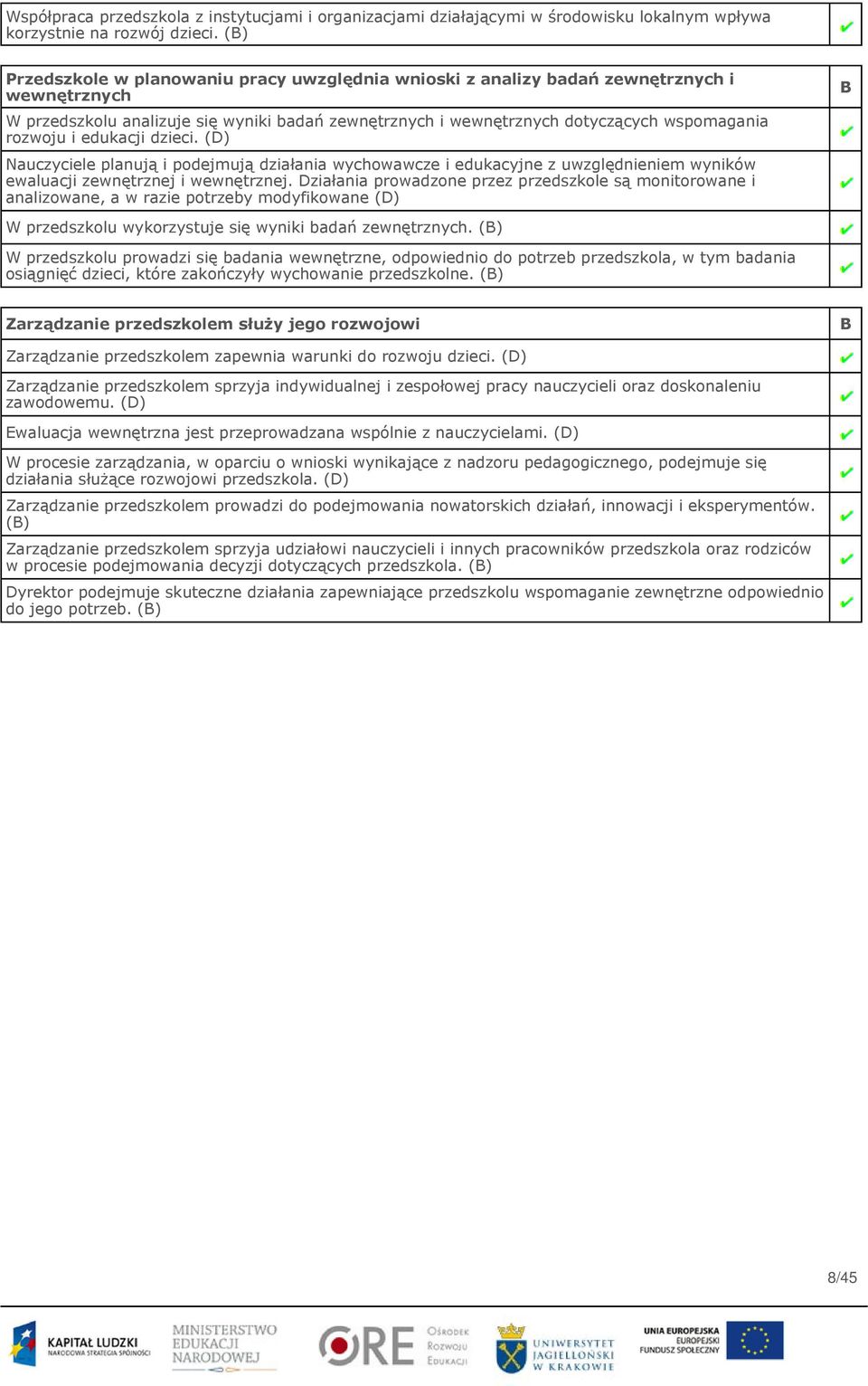 i edukacji dzieci. (D) Nauczyciele planują i podejmują działania wychowawcze i edukacyjne z uwzględnieniem wyników ewaluacji zewnętrznej i wewnętrznej.