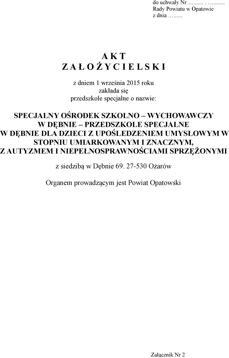 SPECJALNY OŚRODEK SZKOLNO WYCHOWAWCZY W DĘBNIE PRZEDSZKOLE SPECJALNE W DĘBNIE DLA DZIECI Z UPOŚLEDZENIEM