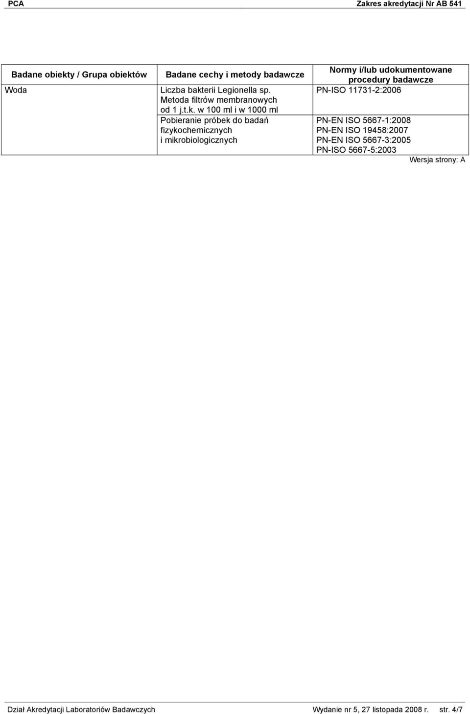 w 100 ml i w 1000 ml Pobieranie próbek do badań fizykochemicznych i mikrobiologicznych PN-ISO